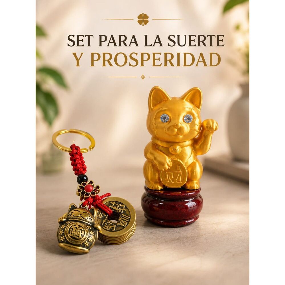 Golden Maneki Neko Lucky Cat Figurine & Fortune Coin Keychain Set – Good Luck.